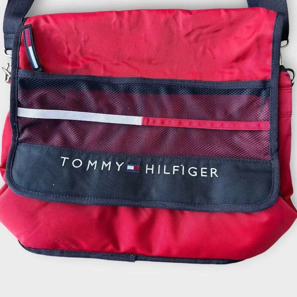 Vintage 90s Tommy Hilfiger Messenger Lap Top Bag Red Preppy Academic Grunge